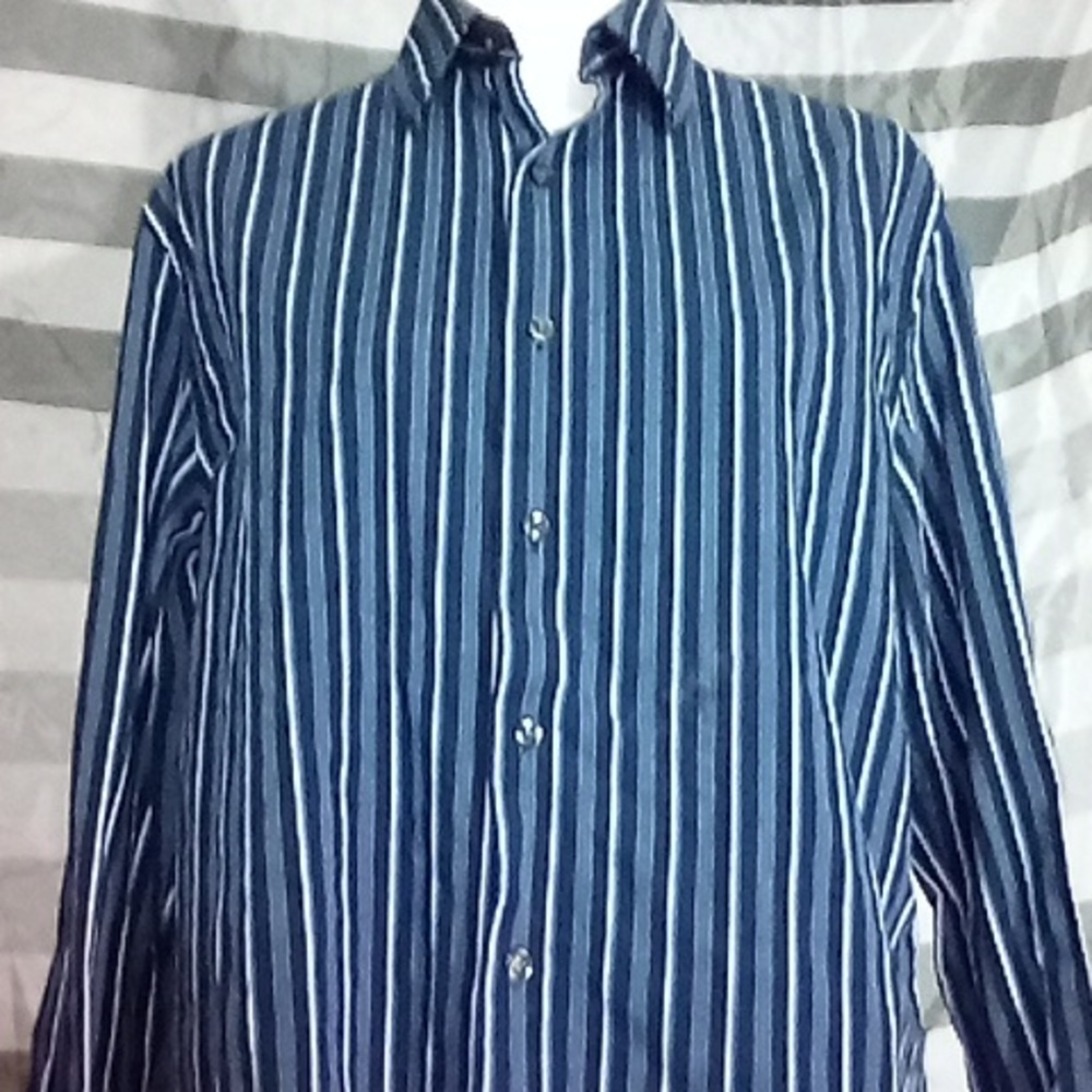 Perry Ellis Medium Men's Long Sleeve Button Up Dress Shirt Blue/White Stripes - Picture 7 of 8